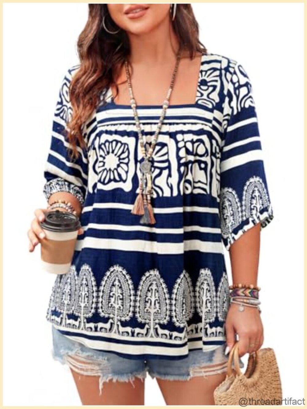 Plus Size Boho Tunic Top Square Neck 3/4 Sleeve Flowy Vacation Blouse
